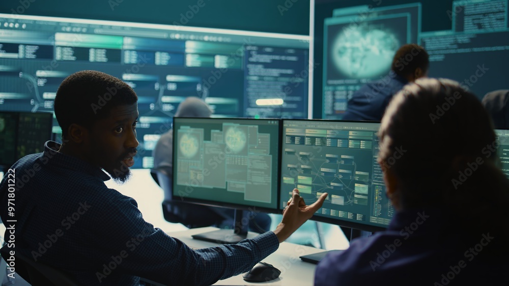 Obraz premium Governmental hackers working together on digital security and cyber defense measures. Engaging in cyber operations, network security and data protection during information war. Camera B.