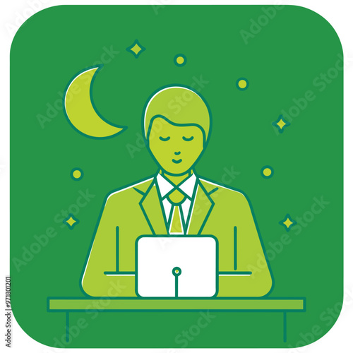 A tired businessman works late into the night illuminated by a laptop with a crescent moon and stars creating a quiet atmosphere around him.