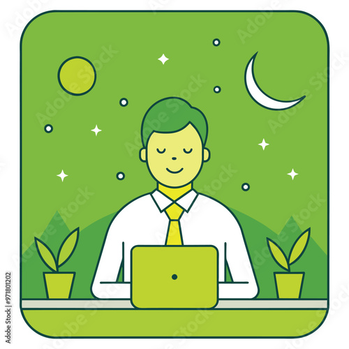 A businessman appears tired while working late on his laptop surrounded by plants a crescent moon and stars reflecting a serene nighttime ambiance.