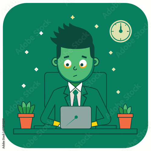 A tired businessman struggles to stay awake while working overtime at his desk with a clock showing night time and potted plants on either side
