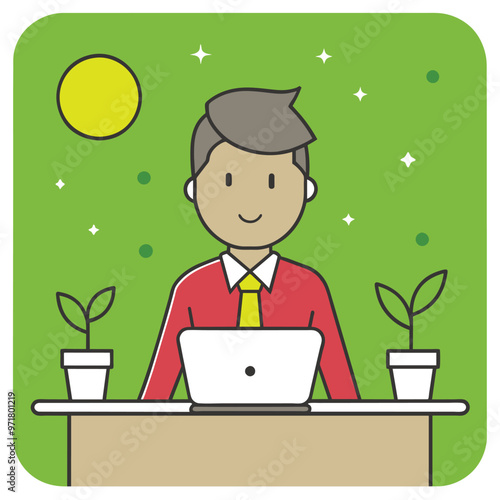 A tired businessman sits at his desk with a laptop fighting sleepiness during an overtime work session in a cozy plant filled office setting.