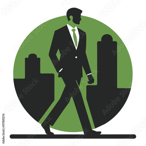 A businessman dressed in a formal suit walks purposefully through an urban area representing success and determination in his professional journey.