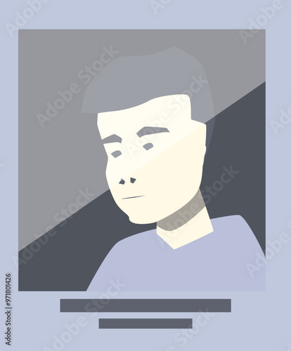 Minimalist vector illustration of a young man with a sad expression on his face, featured on an id card or passport photo