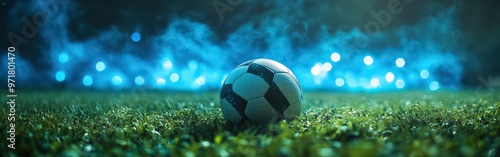 Football stadium with misty atmosphere under night lighting photo