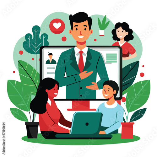 A lively business meeting brings together participants for a collaborative online discussion featuring a cheerful virtual presenter and engaged attendees
