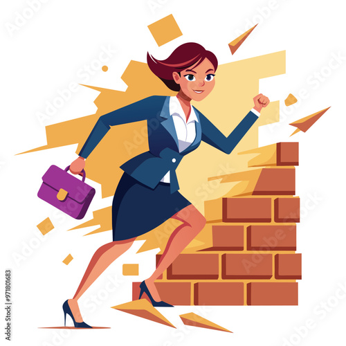 A confident businesswoman confidently shatters a brick wall symbolizing overcoming obstacles in a professional setting