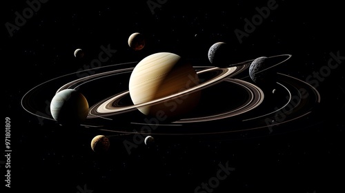 Solar System with Rings: The solar system featuring planets with rings, like Saturn and Uranus, their rings casting shadows on the planets.
 photo