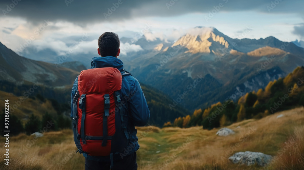 Backpacker with a red backpack looking out at scenic mountain landscape during an outdoor hike, under cloudy skies. Backpacker with a red backpack looking out at scenic mountain landscape during an outdoor hike, under cloudy skies.