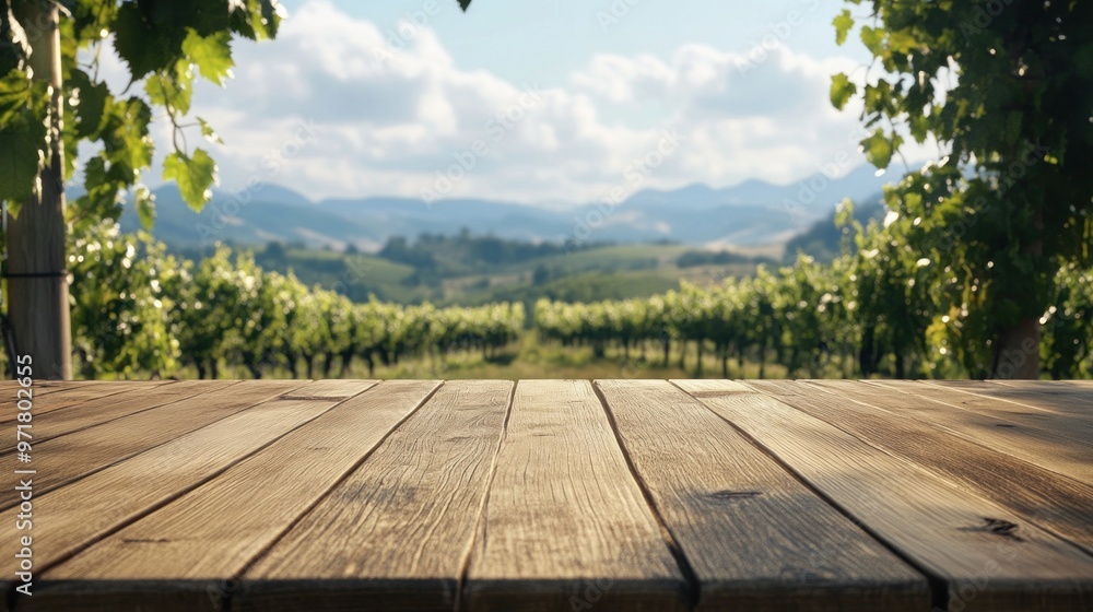 Wooden Tabletop with Vineyard Background Wooden Tabletop with Vineyard Background