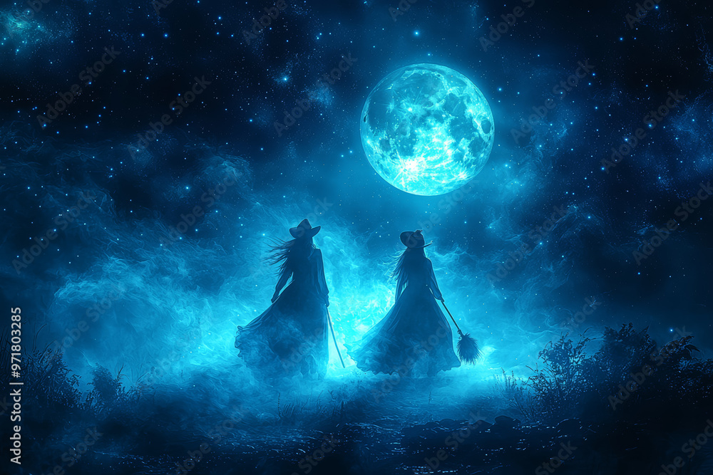 Fototapeta premium A pair of witches flying on broomsticks across a starry night sky, with a full moon in the background. Concept of Halloween fantasy and witchcraft lore.