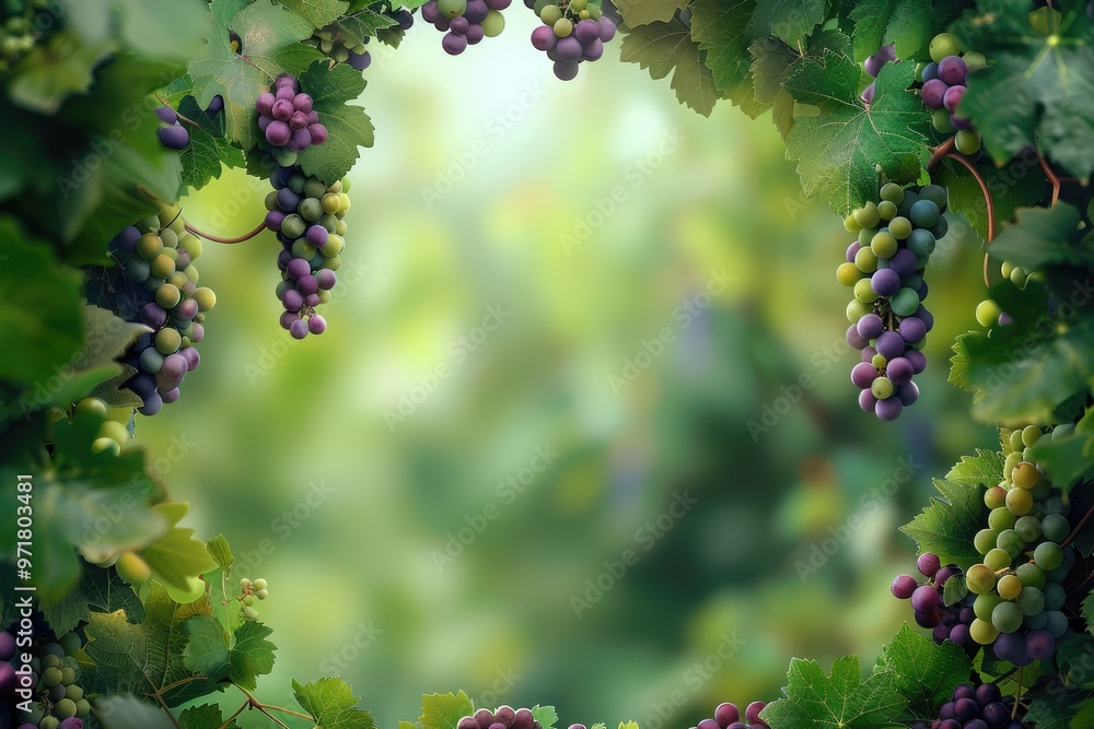 An elegant grapevine frame adorned with clusters of green and purple ...