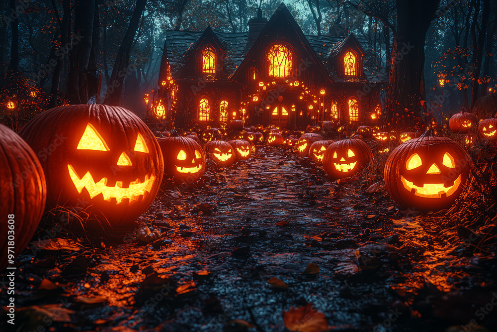 A jack-o-lantern-lined pathway leading to a haunted house, with glowing pumpkins illuminating the way. Concept of Halloween decoration and festive atmosphere. A jack-o-lantern-lined pathway leading to a haunted house, with glowing pumpkins illuminating the way. Concept of Halloween decoration and festive atmosphere.
