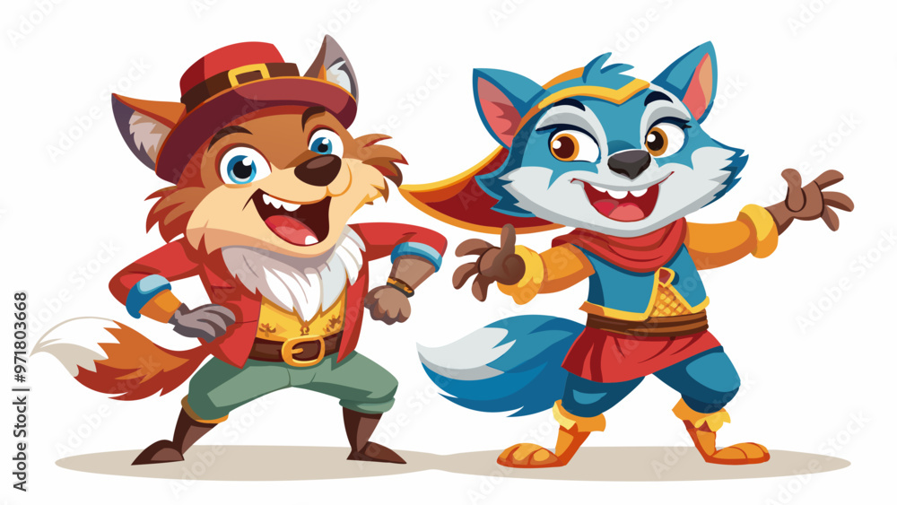 cartoon characters of a fox and a wolf cub in a cowboy costume cartoon characters of a fox and a wolf cub in a cowboy costume