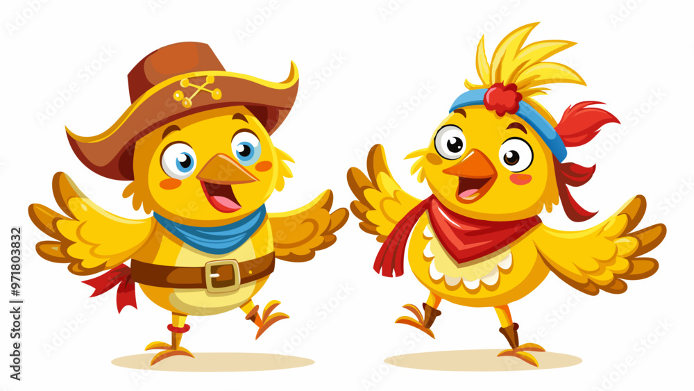 Fototapeta premium cartoon character chicken in suit cowboys dancing