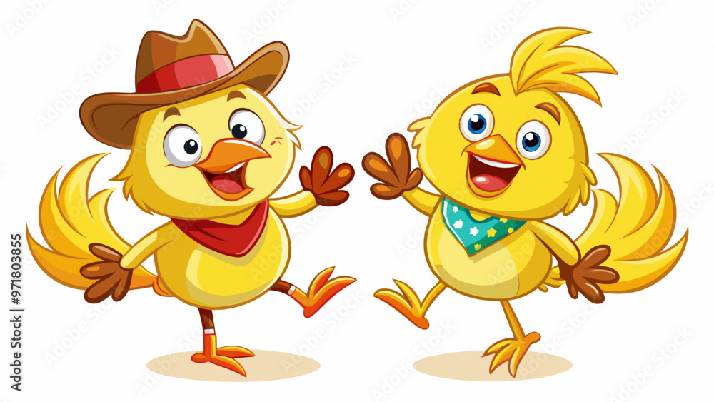 Fototapeta premium cartoon character chicken in suit cowboys dancing, joyful and satisfied