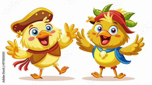 cartoon character chicken in a pirate costume, dancing, joyful and satisfied