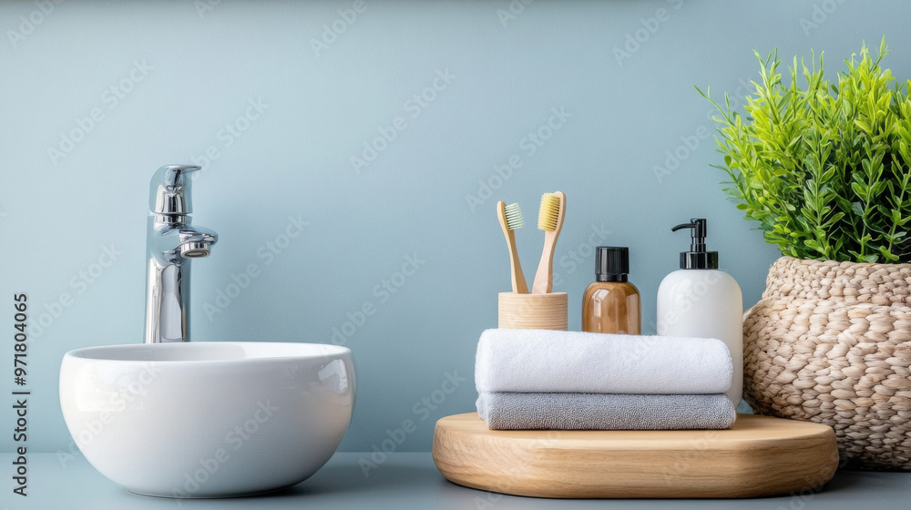 A stylish bathroom scene with a toothbrush holder, folded towels, soap dispensers, and a green plant on a wooden tray, set against a pastel blue wall. A stylish bathroom scene with a toothbrush holder, folded towels, soap dispensers, and a green plant on a wooden tray, set against a pastel blue wall.