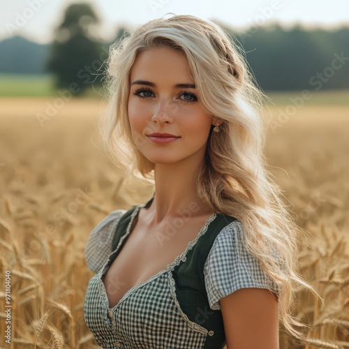 Young Woman in Bavarian Costume in Wheat Field