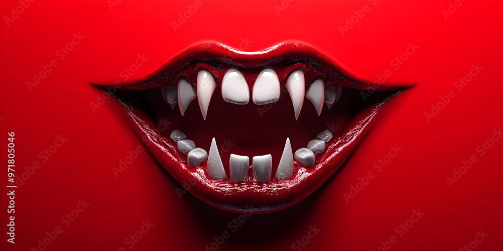 Naklejka premium Vampire fangs on a bright red background.