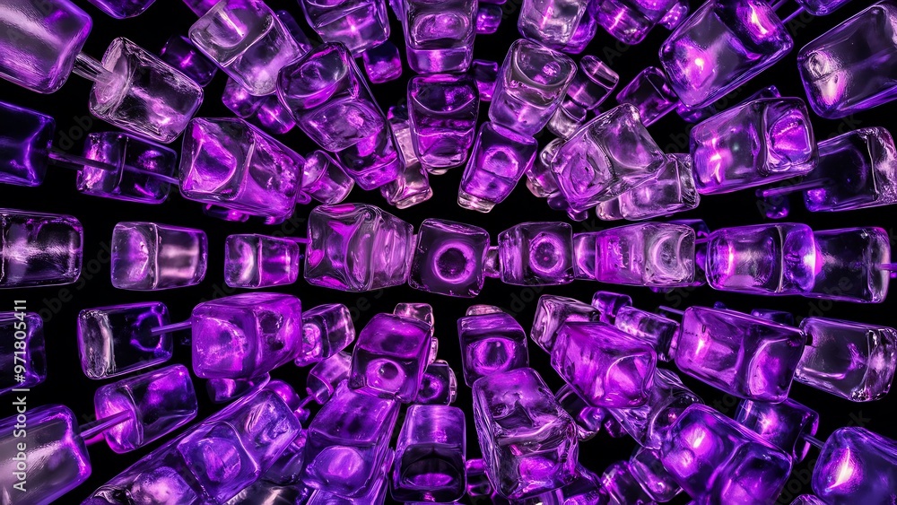 Panoramic shot of transparent ice cubes with purple colorful lighting isolated on black Panoramic shot of transparent ice cubes with purple colorful lighting isolated on black
