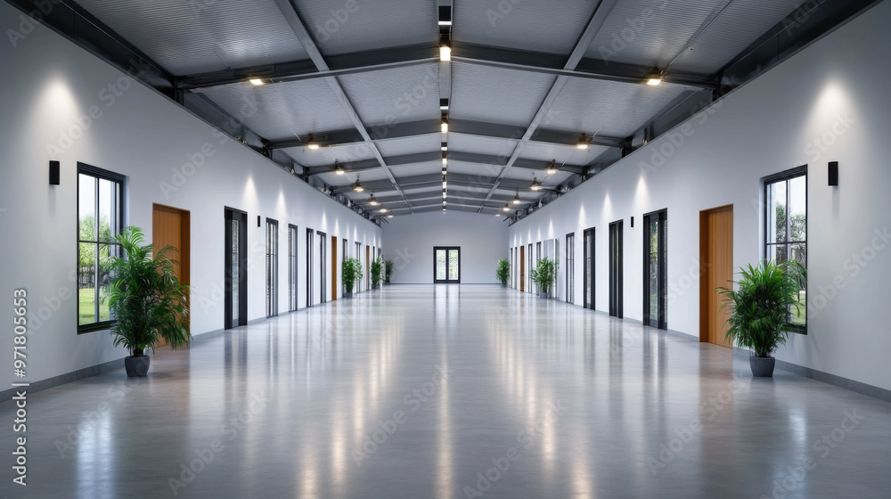A spacious, symmetrical industrial hallway with bright overhead lighting, sleek walls, and a polished floor, creating a minimalist, modern environment. A spacious, symmetrical industrial hallway with bright overhead lighting, sleek walls, and a polished floor, creating a minimalist, modern environment.