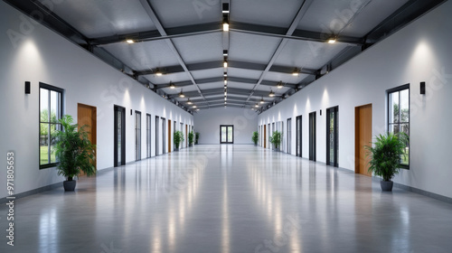 A spacious, symmetrical industrial hallway with bright overhead lighting, sleek walls, and a polished floor, creating a minimalist, modern environment.