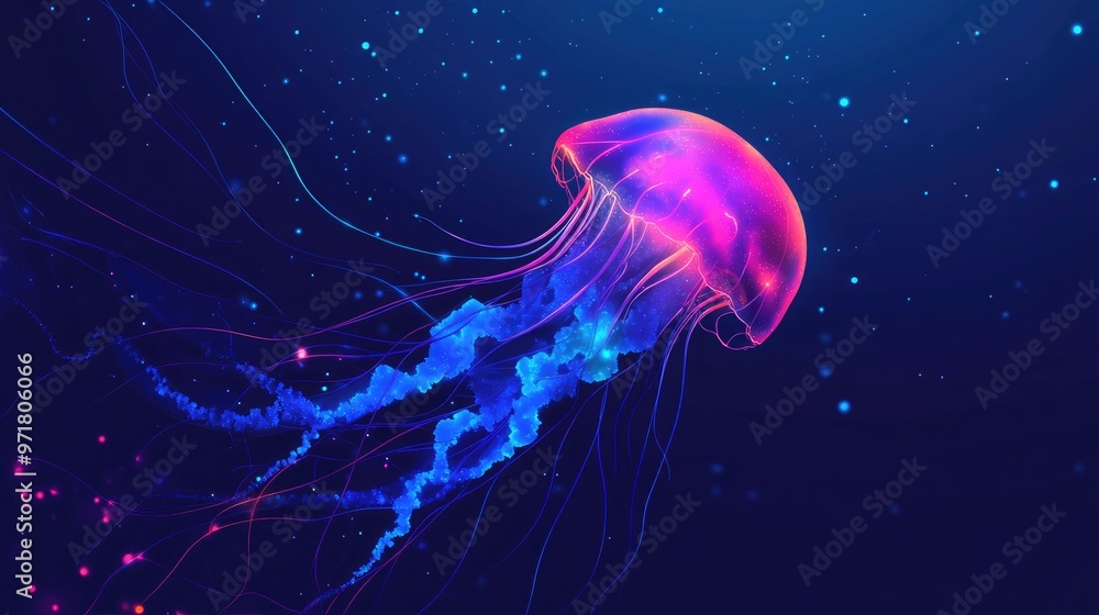 Naklejka premium Bioluminescent Jellyfish Glowing In Dark Water Futuristic Digital Style Vibrant Colors Ai Generated