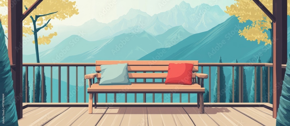 Fototapeta premium Cozy Wooden Bench Adorned With Pillows On Cabin Balcony