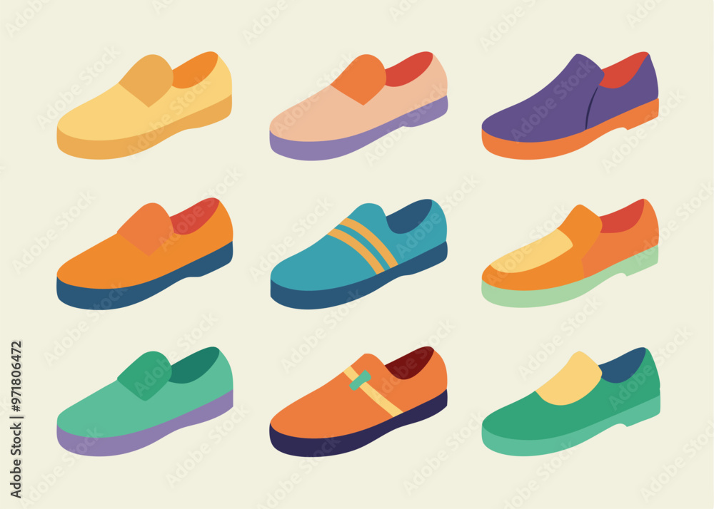 A set of nine colorful and stylish flat-style loafers. Perfect for web design, social media graphics, or any project that needs a touch of fashion. A set of nine colorful and stylish flat-style loafers. Perfect for web design, social media graphics, or any project that needs a touch of fashion.