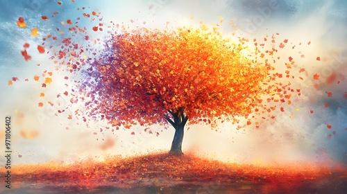 An artistic representation of a tree with a vivid splash of autumnal colors emanating from its leaves, symbolizing change 