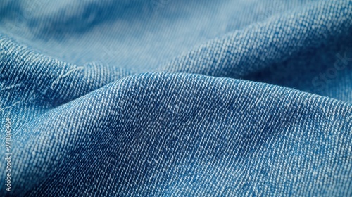 Close-up texture of blue denim fabric with visible stitching, detailed craftsmanship, clean copy space, all object in focus