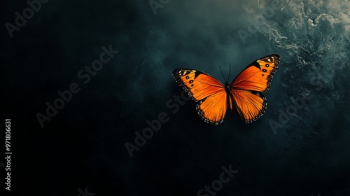 A vivid orange butterfly gracefully flutters against a dark and smoky background, creating a stark and captivating contrast that draws attention to its delicate beauty and vibrant colors.