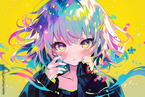 Anime girl with colorful hair and yellow eyes, colorful splashes behind her, digital art photo