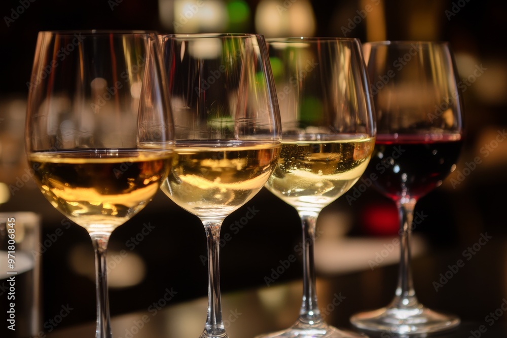 A close-up image of four wine glasses filled with different types of wine, placed in a row on a reflective surface with a blurred background, highlighting their varied hues. A close-up image of four wine glasses filled with different types of wine, placed in a row on a reflective surface with a blurred background, highlighting their varied hues.