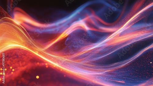 This vivid image features dynamic waves of orange, purple, and red light intertwining and flowing gracefully, representing energy and movement with an abstract artistic style.