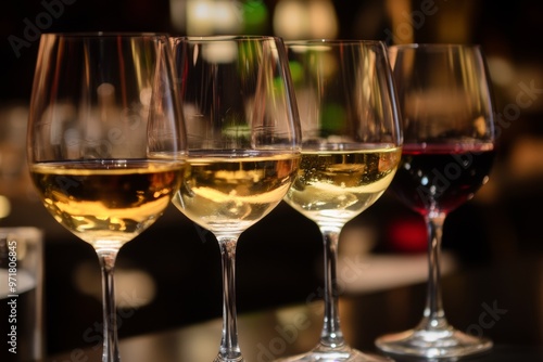 A close-up image of four wine glasses filled with different types of wine, placed in a row on a reflective surface with a blurred background, highlighting their varied hues.