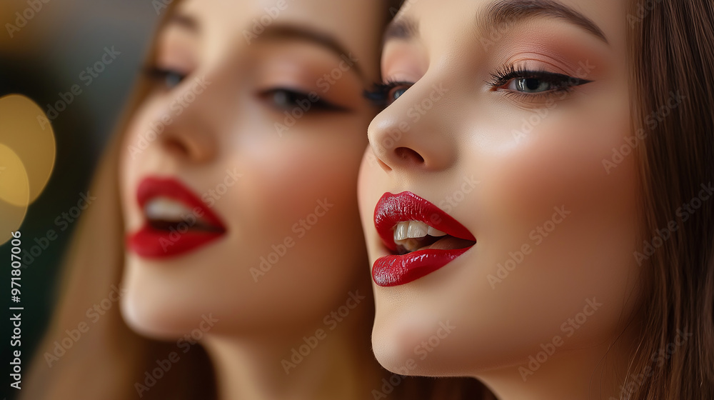 Close-up of women singing in harmony with red lipstick and glamorous makeup, group performance concept with beauty and elegance Close-up of women singing in harmony with red lipstick and glamorous makeup, group performance concept with beauty and elegance