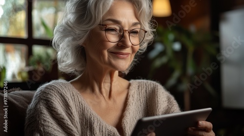 Elderly lady wearing glasses and soft sweater, using a digital tablet. Warm lighting and a cozy, tranquil atmosphere with indoor plants providing background decor.