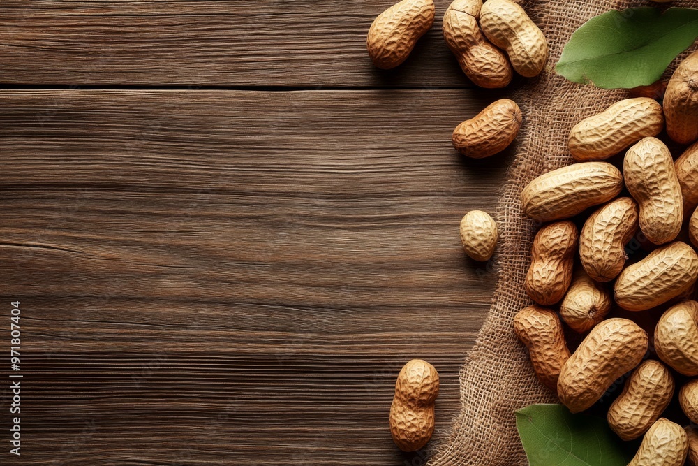 A close-up view showcasing in-shell peanuts scattered on a textured wooden table, accompanied by a few green leaves, embodying a rustic and natural setting.
