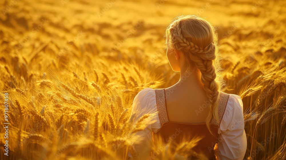 Obraz premium Young Woman in Bavarian Costume in Wheat Field
