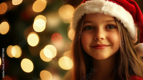 Adorable girl wearing a Santa hat with festive holiday lights background, Christmas season portrait, joyful expression, magical Christmas, winter holiday spirit, child celebrating