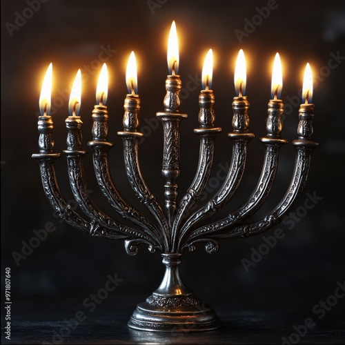 Silver Menorah with Glowing Candles on Dark Background photo