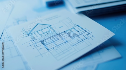 A business card design showcases a blueprint layout of a home renovation project, reflecting professional services in construction