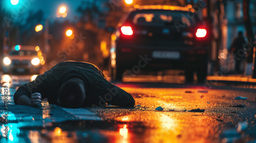 Damaged person lying on wet street at night in an accident scene with cars in background. Potential hit and run imagery. Urban tragedy in rainy conditions and dramatic emergency situation
