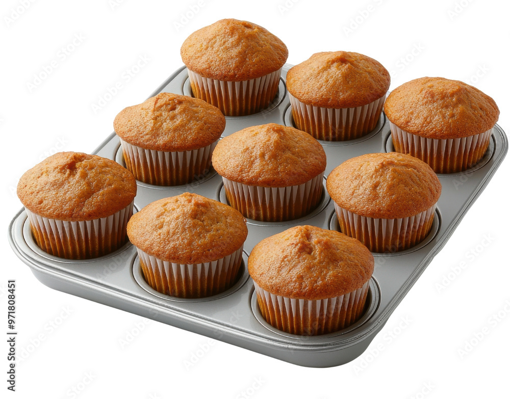 Freshly baked muffins in a tray, showcasing a golden brown color and soft texture, perfect for breakfast or dessert. Freshly baked muffins in a tray, showcasing a golden brown color and soft texture, perfect for breakfast or dessert.