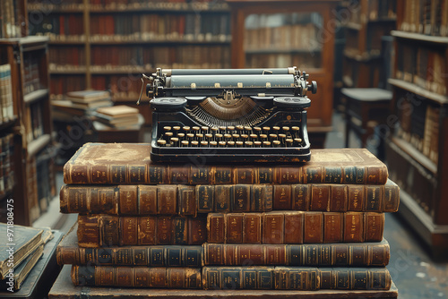A classic typewriter sitting on a stack of aged books in a sunlit library. Concept of creativity and timeless knowledge.