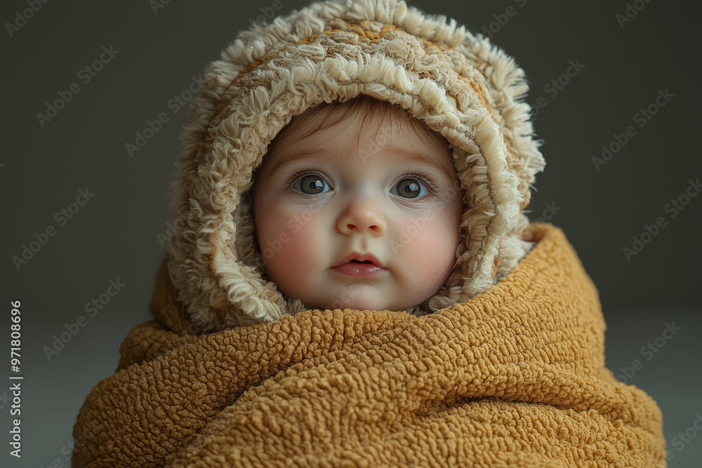 A baby dressed as a burrito, snugly wrapped in a blanket. Concept of adorable and funny baby costumes. A baby dressed as a burrito, snugly wrapped in a blanket. Concept of adorable and funny baby costumes.