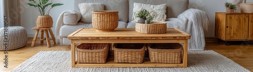 Multi-tiered bamboo coffee table with storage baskets, set in a zero-waste living room with organic wool throws and upcycled wooden accents, bamboo coffee table