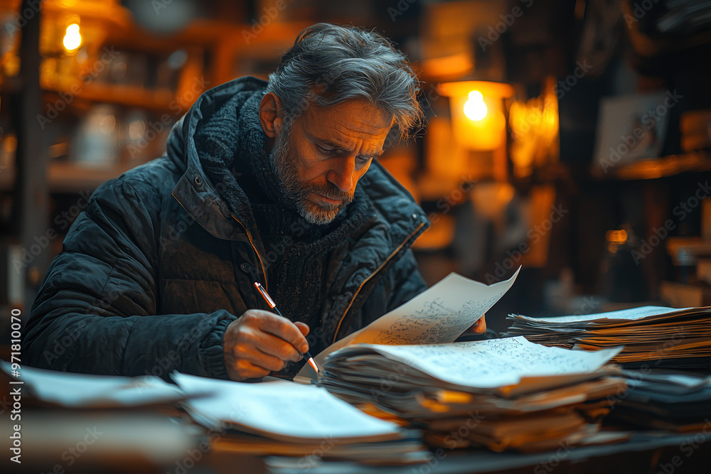 A writer working on a manuscript late into the night, surrounded by drafts. Concept of dedication and persistence in achieving literary success. A writer working on a manuscript late into the night, surrounded by drafts. Concept of dedication and persistence in achieving literary success.