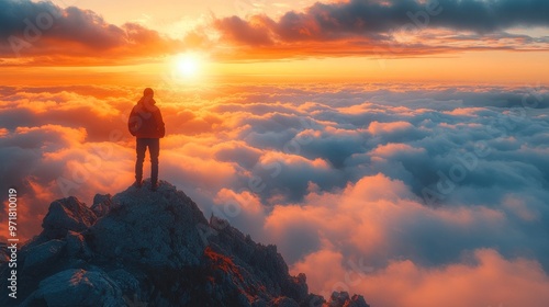 Solitary Figure on Mountain Peak at Sunset